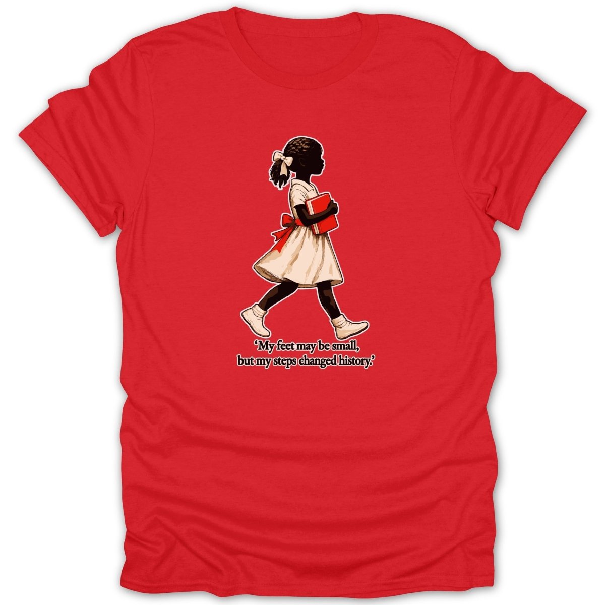 Red t-shirt with silhouette of girl holding book, with quote.