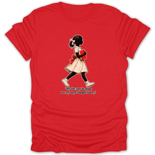 Red t-shirt with silhouette of girl holding book, with quote.