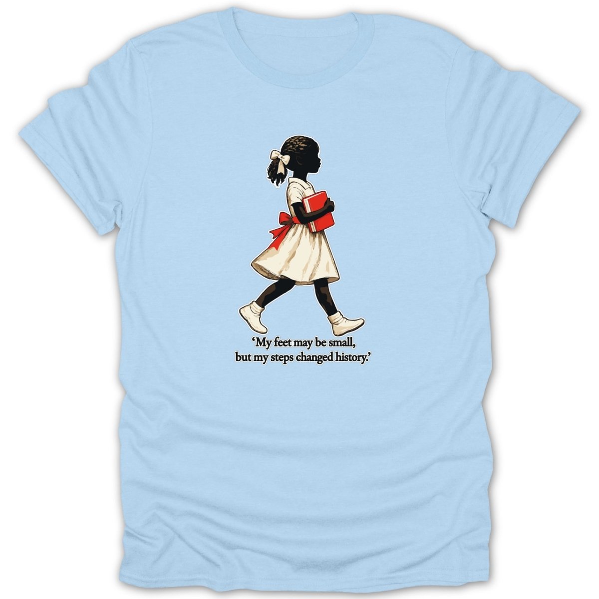 Silhouette of girl in white dress holding red book with quote "My steps changed history."