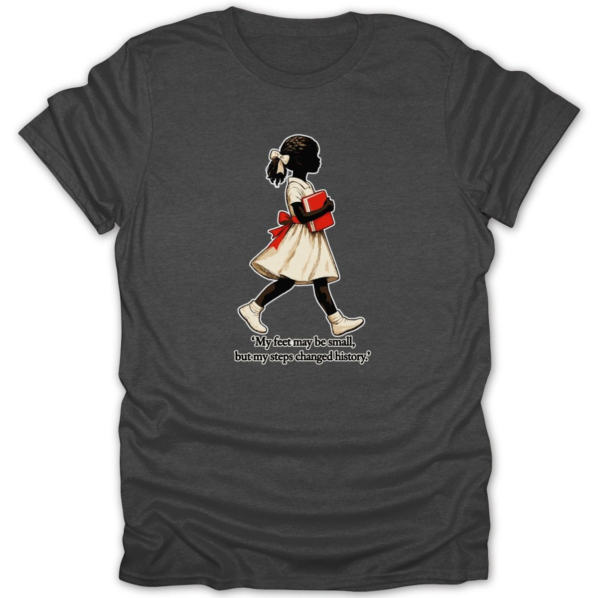 Silhouette of a young girl in a dress with a red bow holding a red book, with quote.
