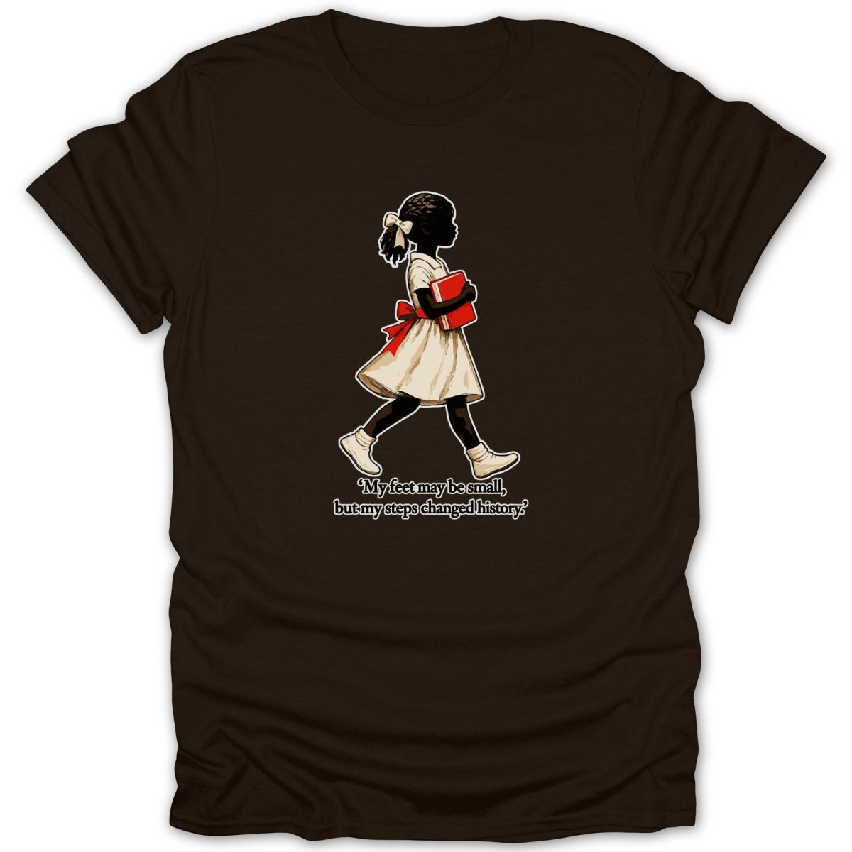 Brown t-shirt with illustration of a girl holding a book with quote.