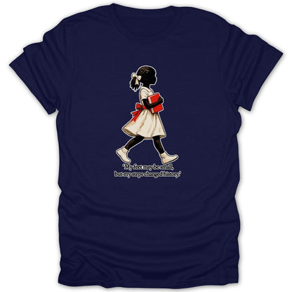 Silhouette of a girl in a dress and bow holding a book with the quote "My feet may be small, but my steps changed history."