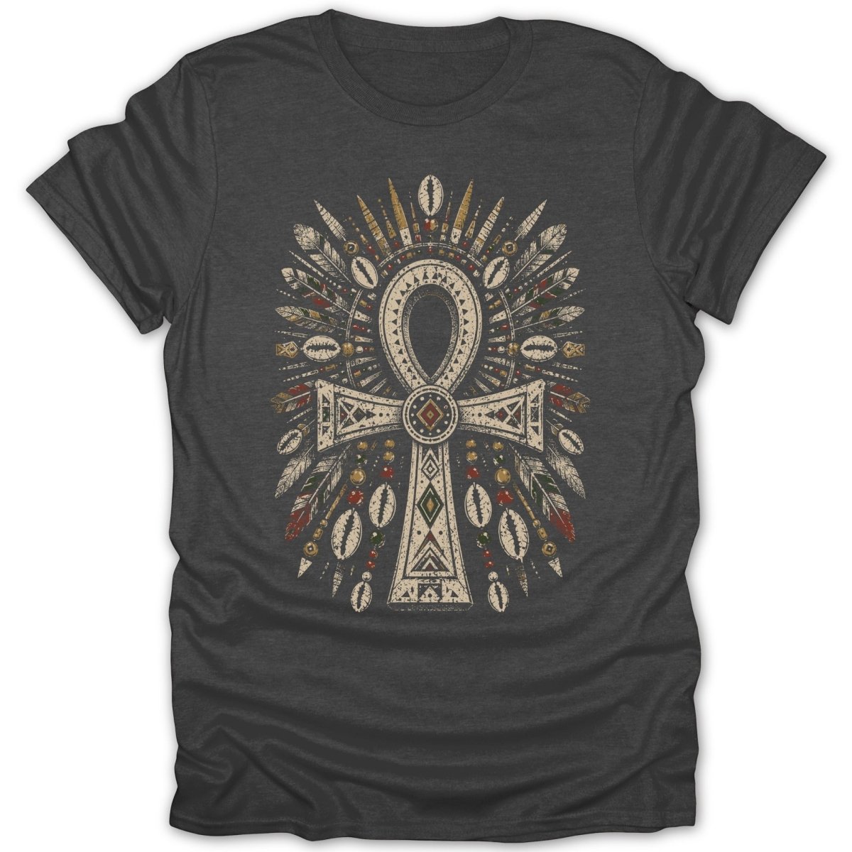 Dark t-shirt with an ornate Ankh symbol surrounded by feathers and beads.