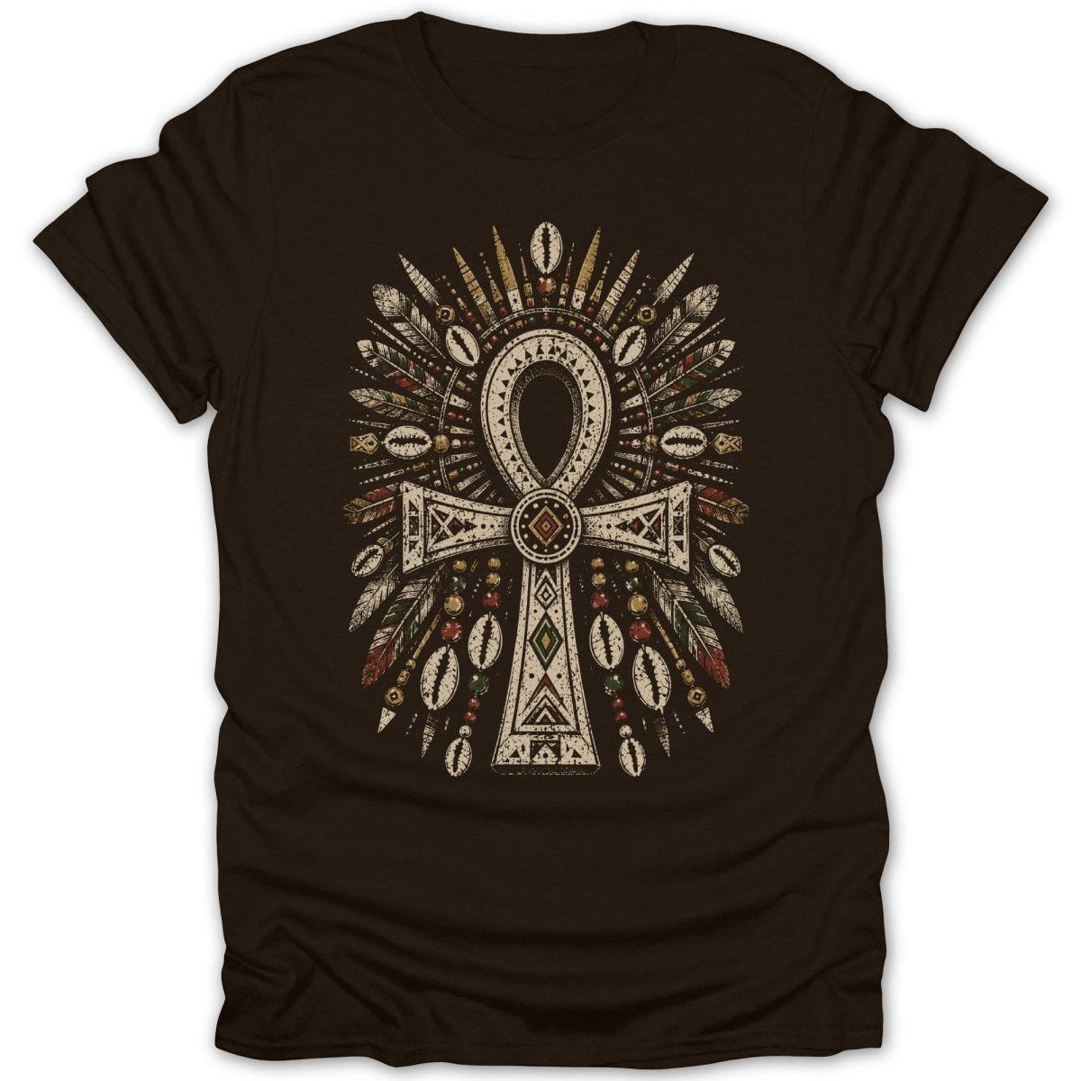 Ankh symbol with feathers, beads, and cowrie shells on a dark t-shirt.