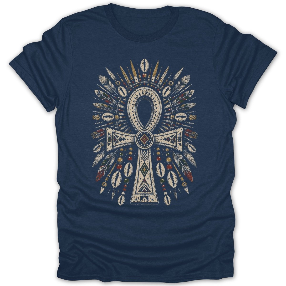 Navy t-shirt with a cream and gold ankh design featuring feathers and beads.