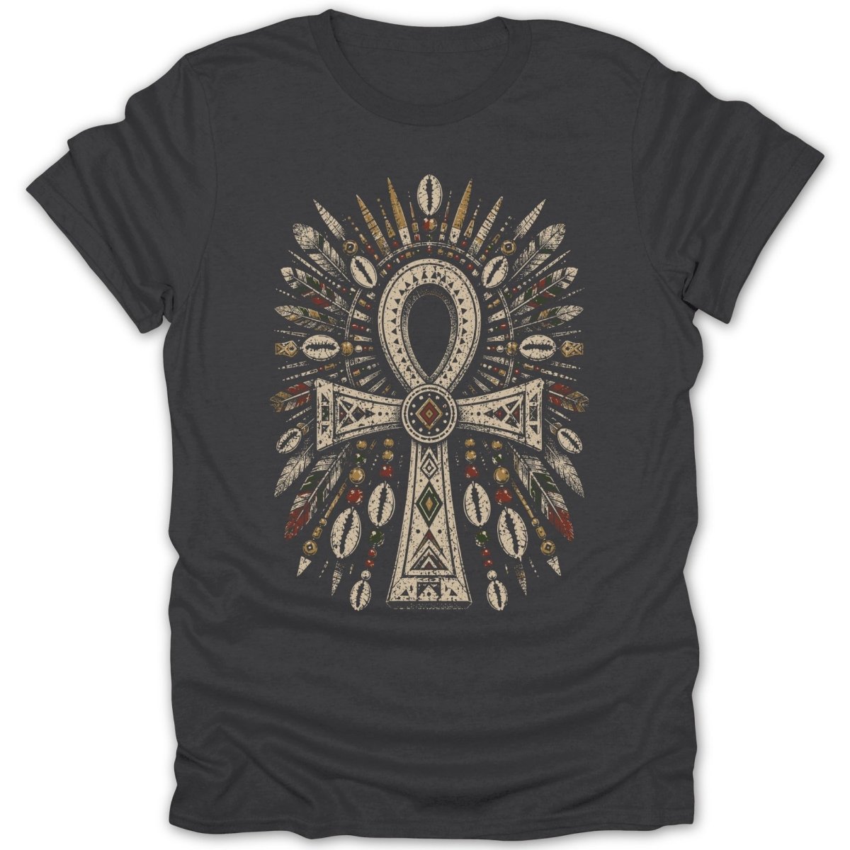 T-shirt with a large, ornate ankh symbol featuring tribal patterns and feathers.