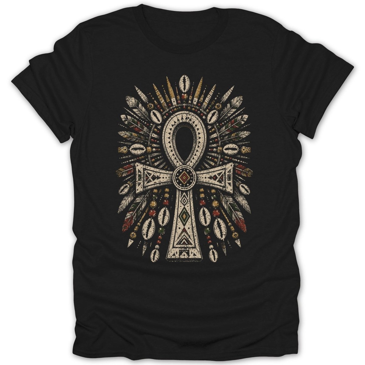 Ankh symbol with feathers, shells, and beads on a black t-shirt.