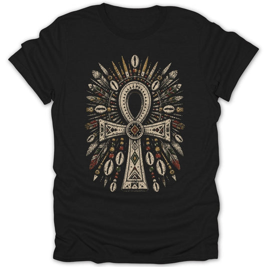 Ankh symbol with feathers, shells, and beads on a black t-shirt.