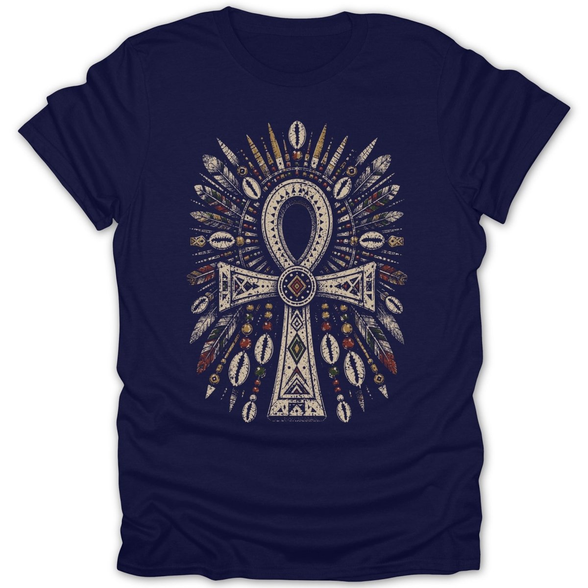 Navy t-shirt with an ankh symbol surrounded by feathers, beads, and shells.