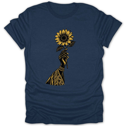 Dark blue t-shirt with a black and yellow graphic of a hand holding a sunflower.