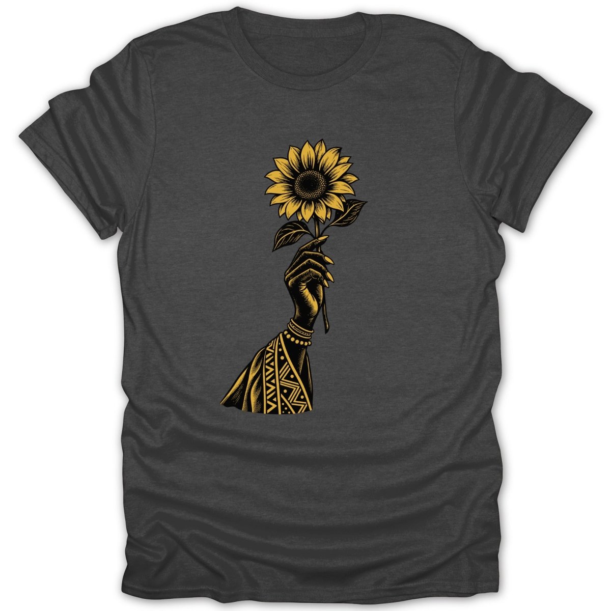 Dark t-shirt featuring a black and yellow graphic of a hand holding a sunflower.