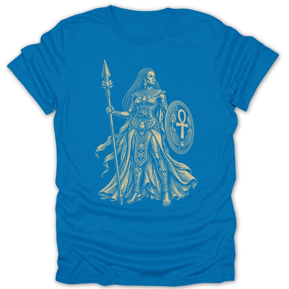 Egyptian warrior goddess with spear and shield wearing an ankh symbol.