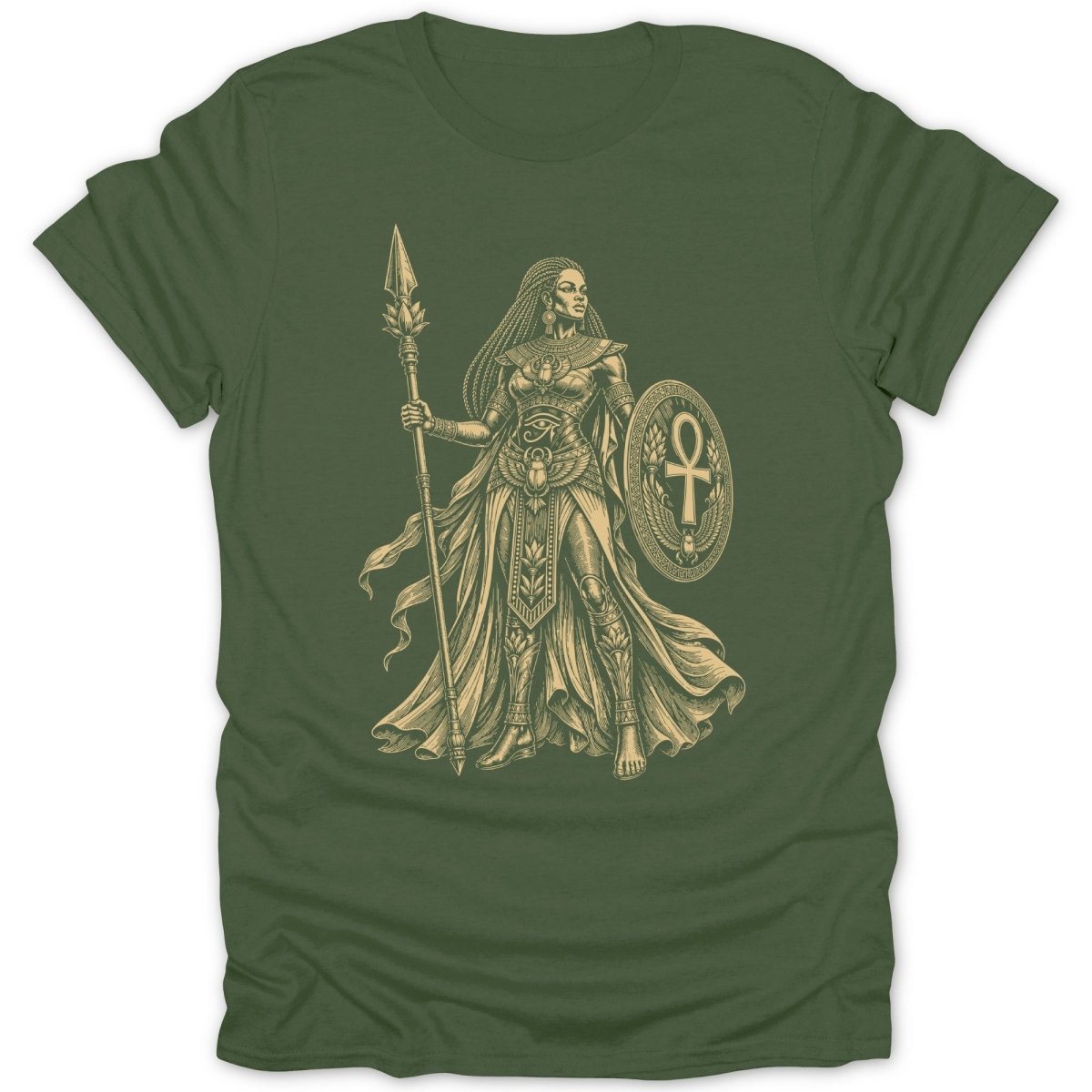 T-shirt with Egyptian warrior goddess illustration holding a spear and shield.