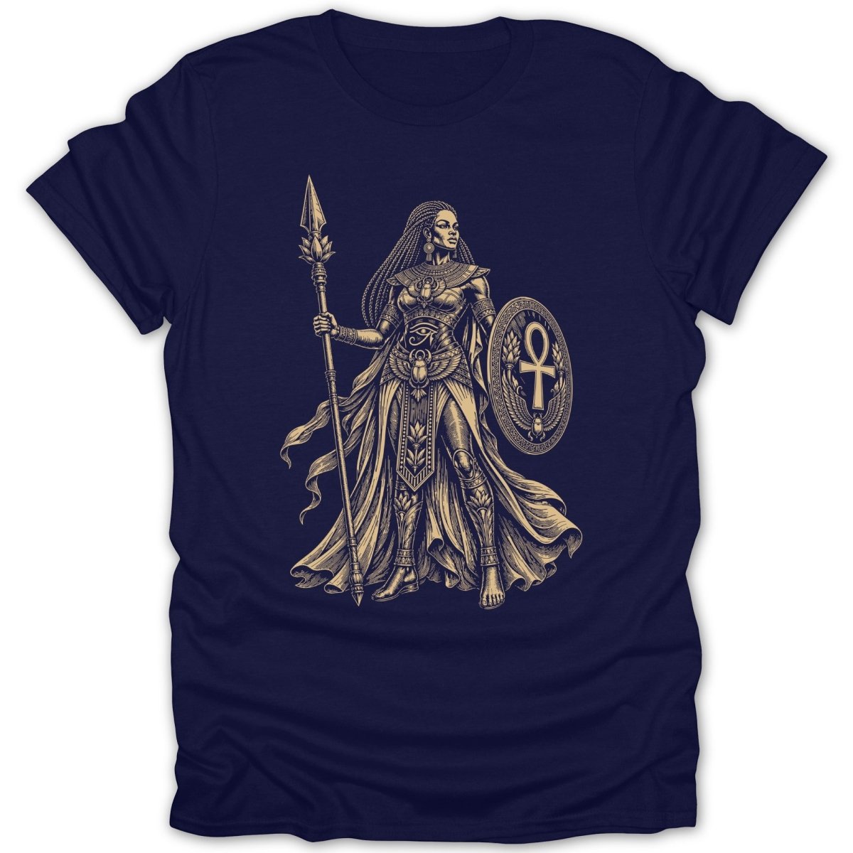 Egyptian warrior woman with spear and ankh shield, illustrated on a navy t-shirt.