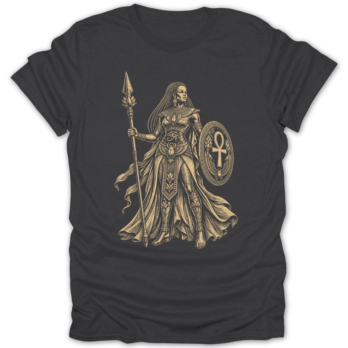 Egyptian queen with spear and Ankh shield, eye of Horus and scarabs.