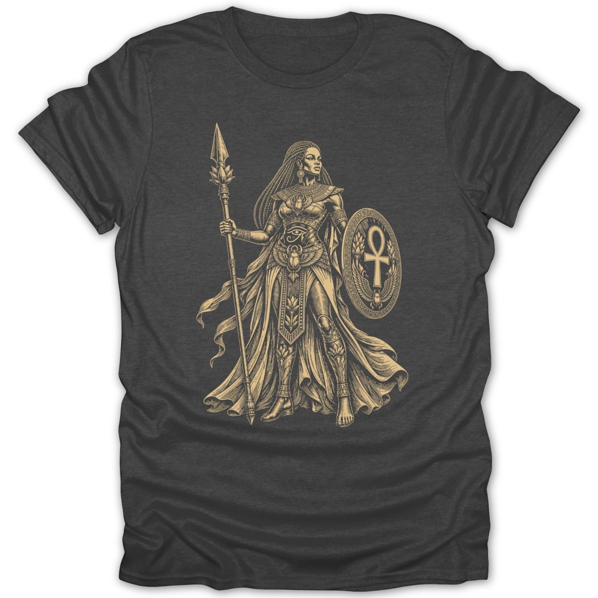 T-shirt with an Egyptian warrior woman holding a spear and shield.