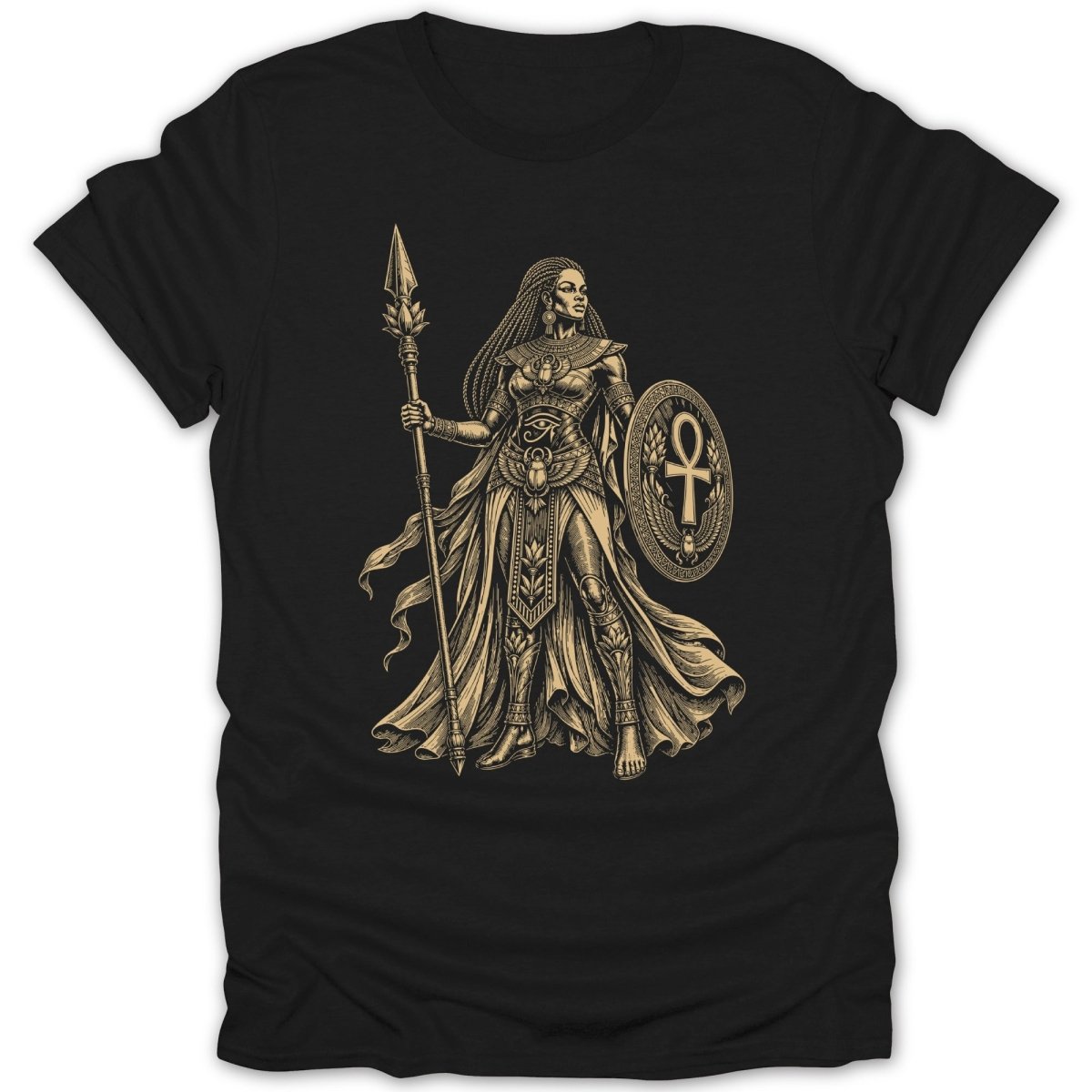 Black t-shirt with a golden Egyptian warrior woman graphic holding a spear and shield.