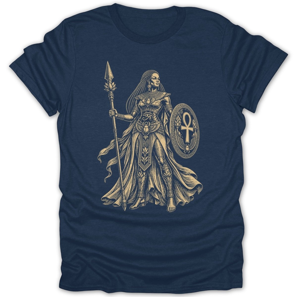 Egyptian warrior woman with spear and shield, dark blue t-shirt graphic.
