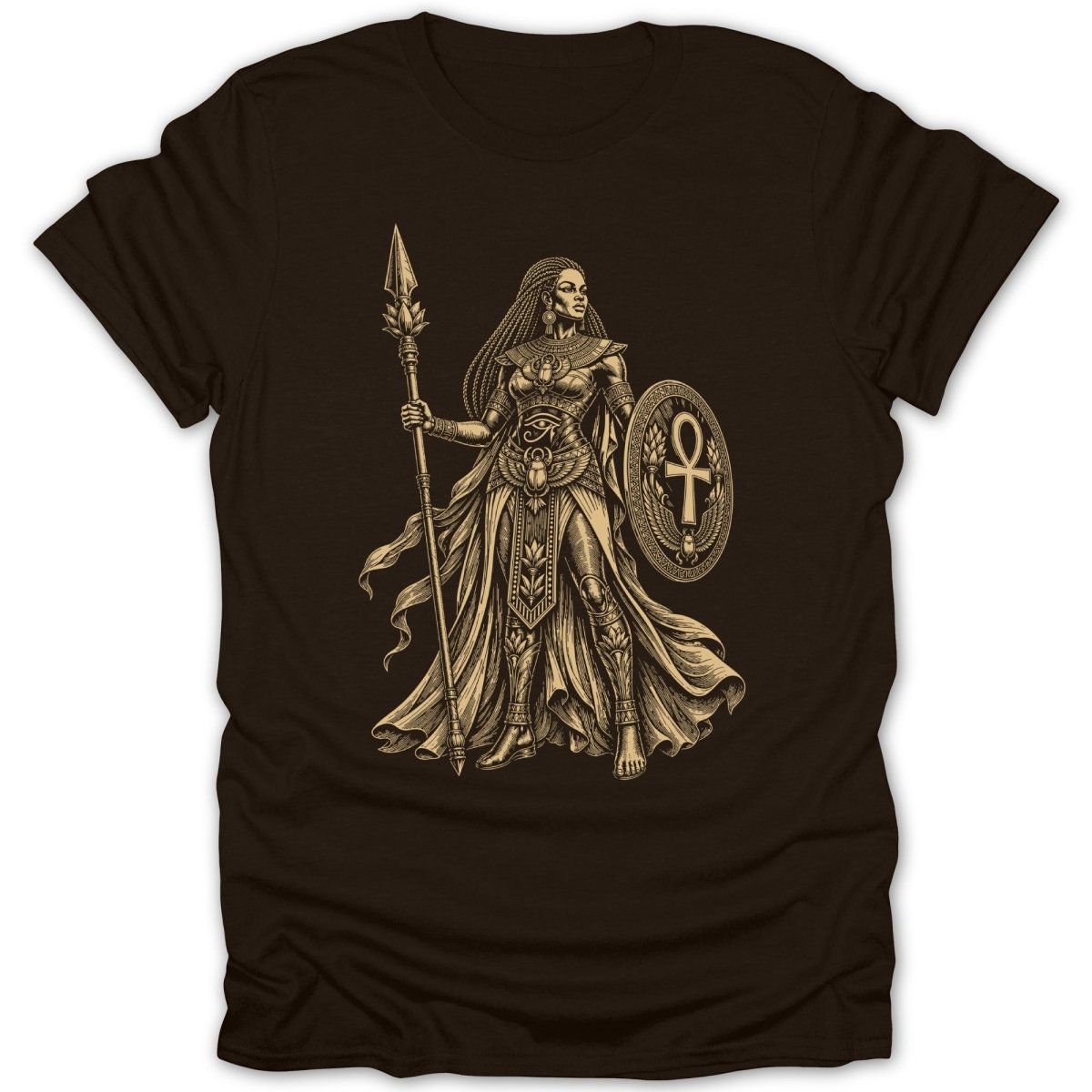 Brown t-shirt featuring an Egyptian-inspired warrior woman with spear and shield.