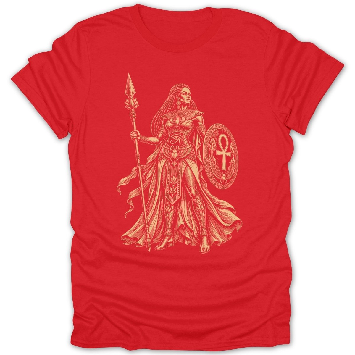 Egyptian warrior woman with spear and ankh shield on red t-shirt.