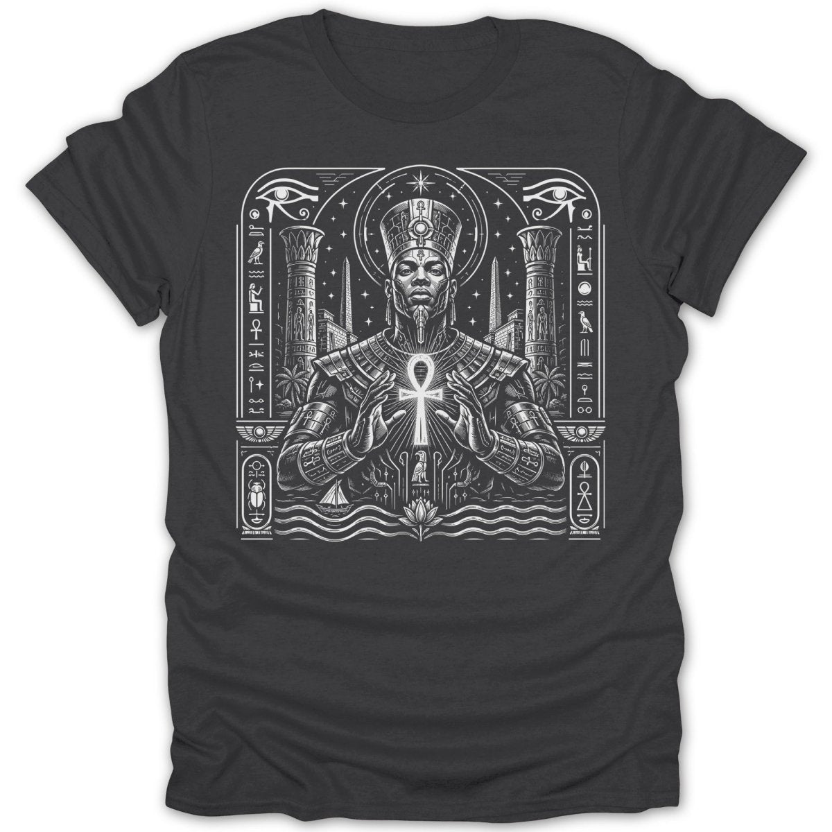 Pharaoh wearing headdress and ornate jewelry holds ankh with Egyptian motifs.