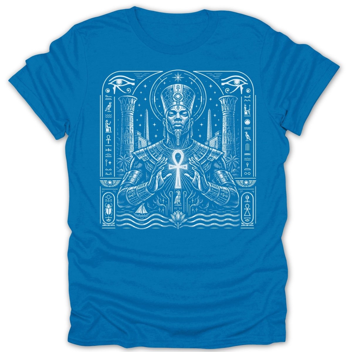 Pharaoh holding ankh, surrounded by Egyptian hieroglyphs and symbols.