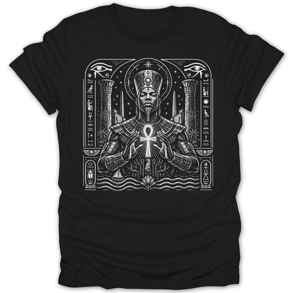 Egyptian pharaoh holding an ankh symbol, surrounded by hieroglyphs and Egyptian motifs.
