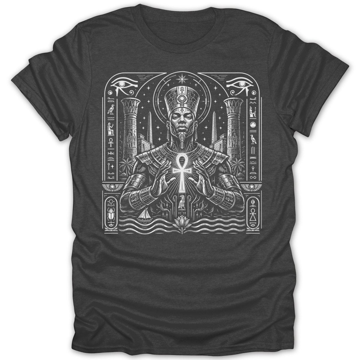 Egyptian pharaoh with ankh and hieroglyphs, centered design on charcoal t-shirt.