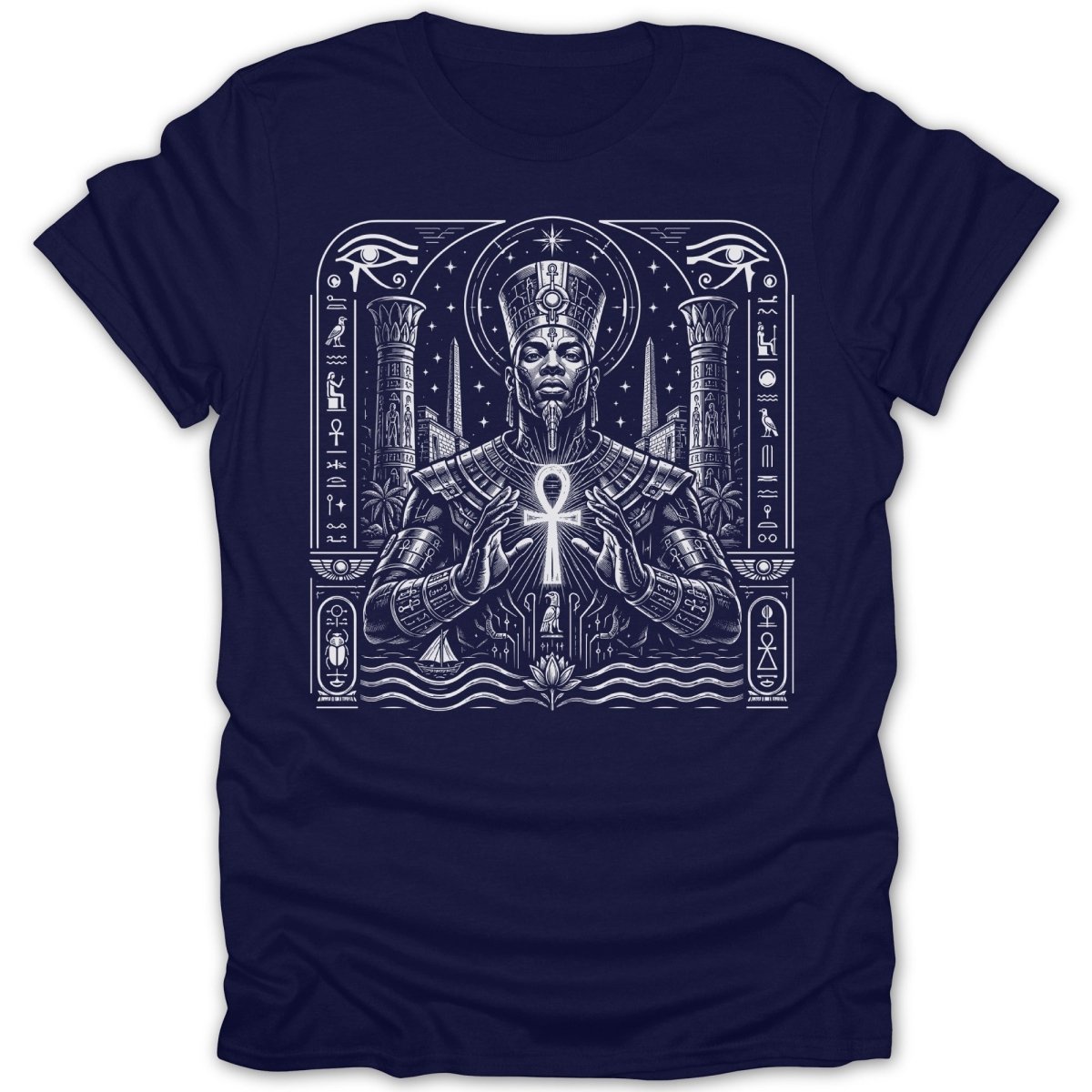Pharaoh holding an ankh, surrounded by Egyptian hieroglyphs and symbols.
