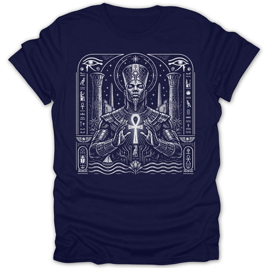 Pharaoh holding an ankh, surrounded by Egyptian hieroglyphs and symbols.