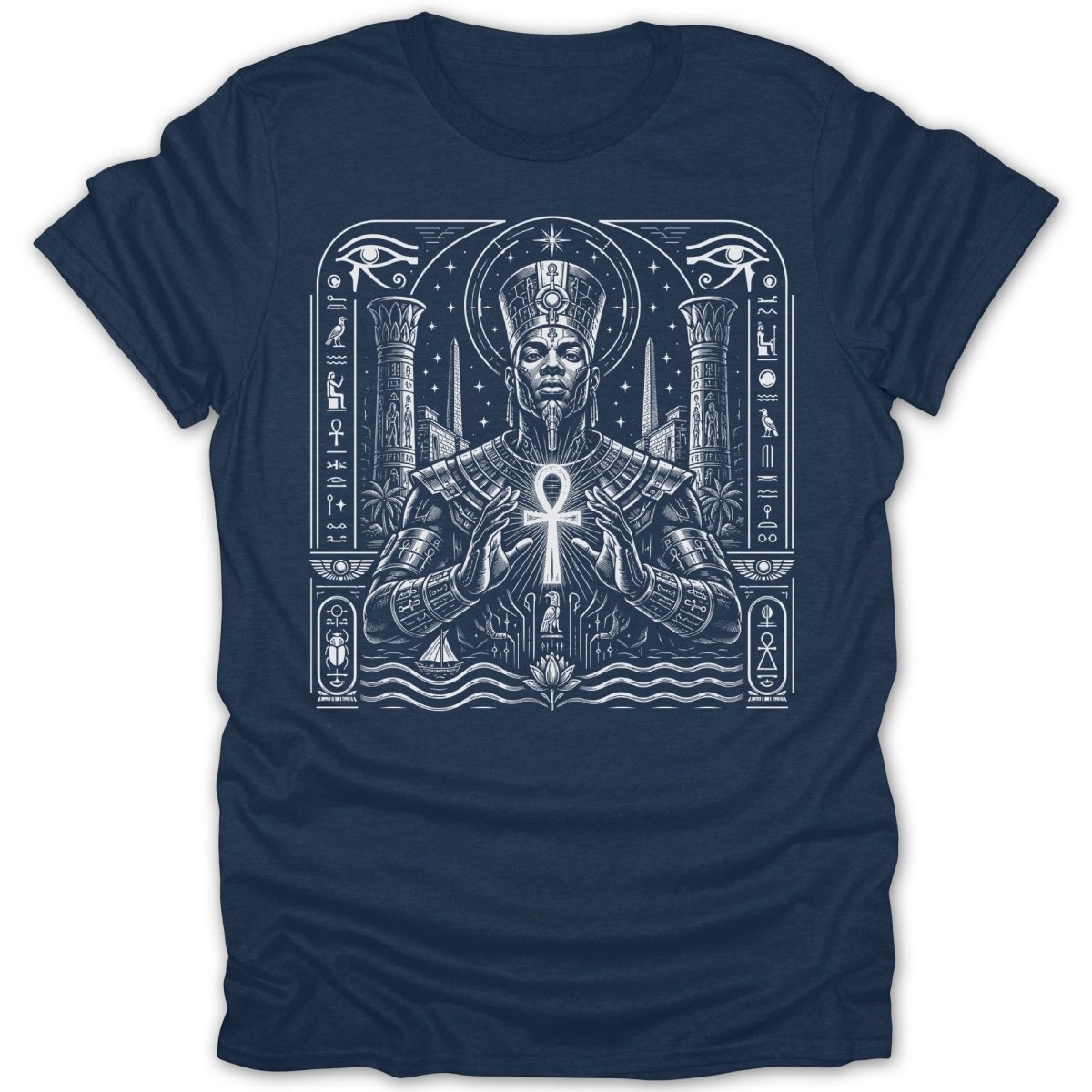 Pharaoh figure holding ankh, surrounded by hieroglyphs and Egyptian motifs.