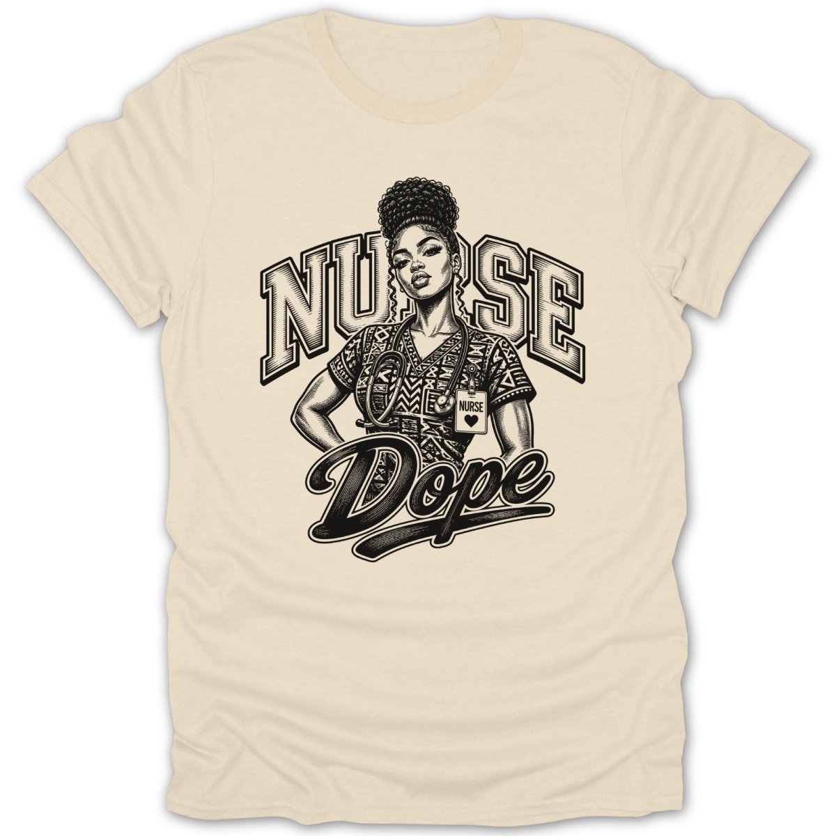 Graphic of a nurse with "Nurse" and "Dope" text on a cream t-shirt.