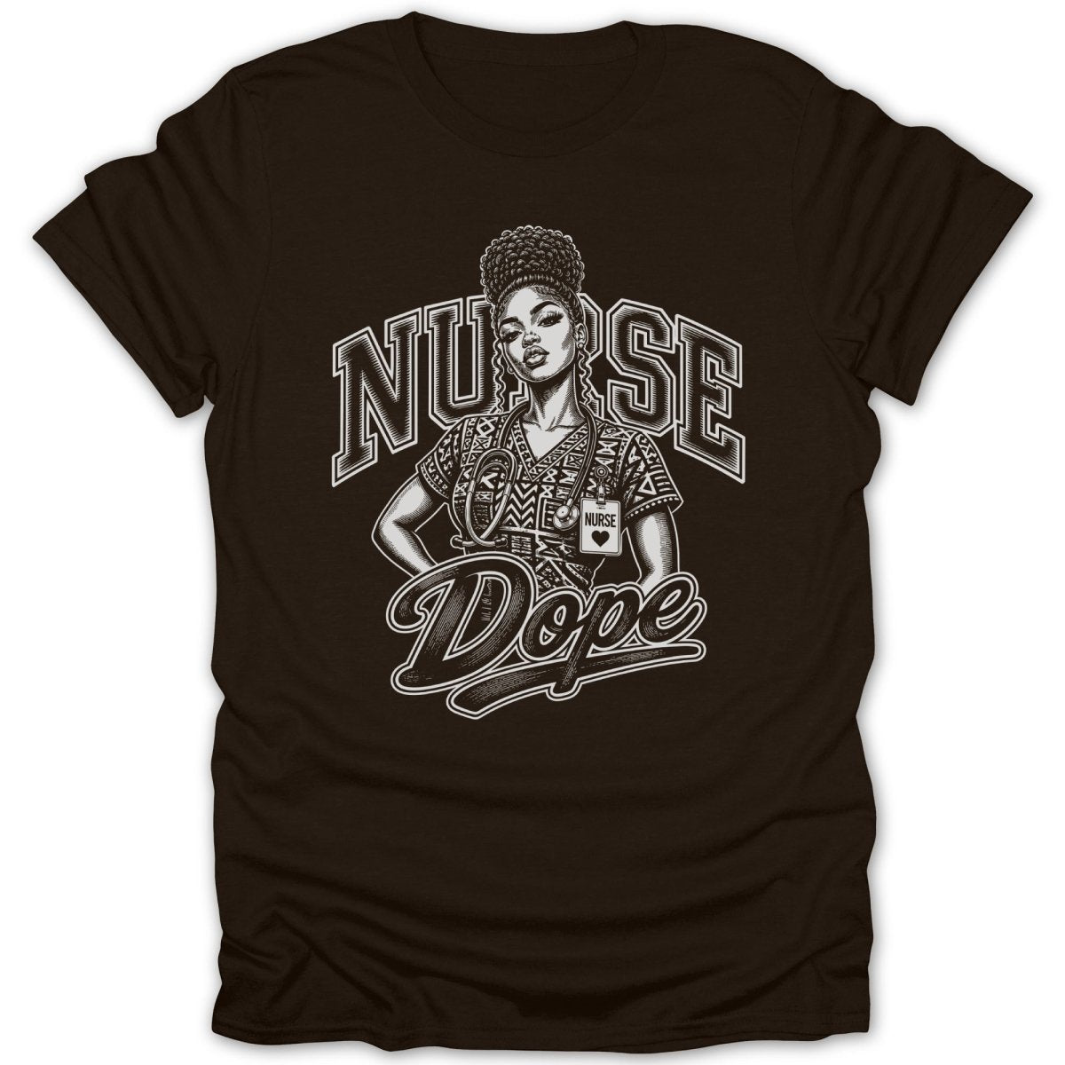 Black t-shirt with design of a nurse and the words "NURSE" and "Dope".