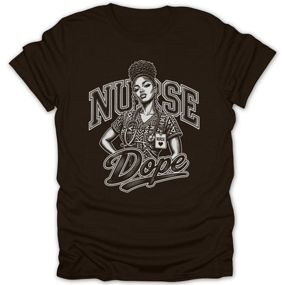 Black t-shirt with design of a nurse and the words "NURSE" and "Dope".