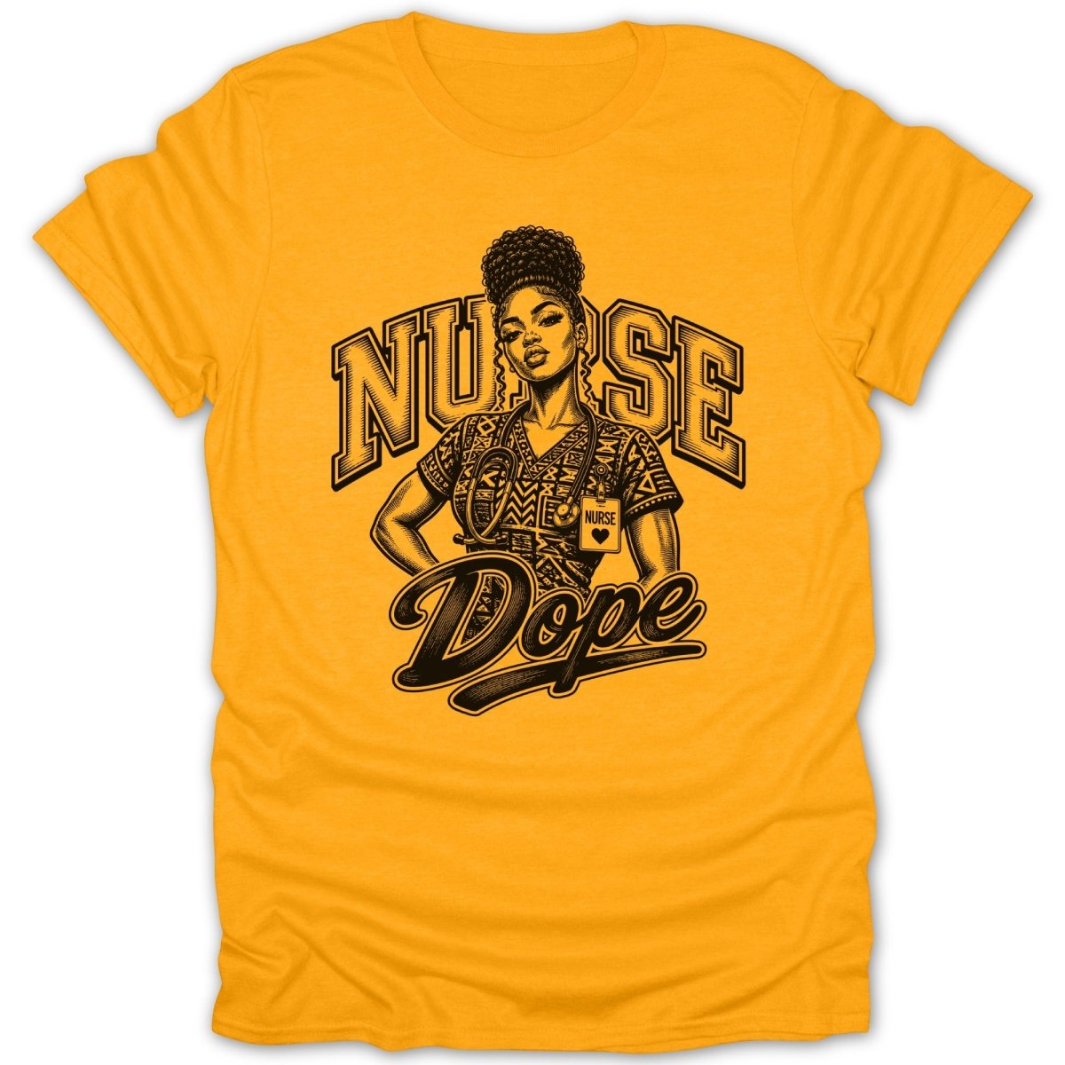 Yellow t-shirt with black graphic of a nurse and the word "Dope".