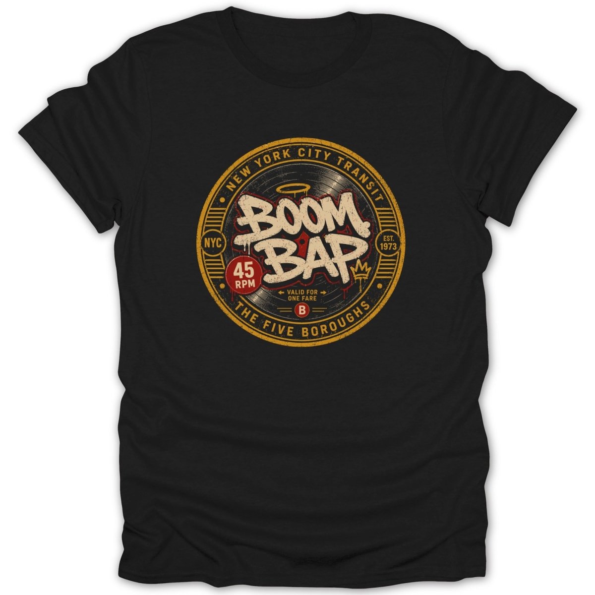 Black t-shirt with a circular graphic featuring "Boom Bap" and "New York City Transit".