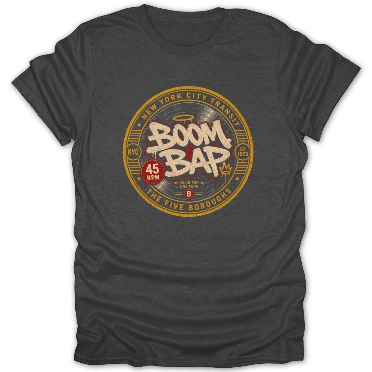 Dark grey t-shirt with "Boom Bap New York City Transit" graphic on vinyl record.