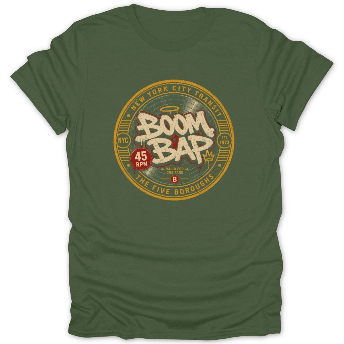 Green t-shirt with "Boom Bap" design in a circle, referencing NYC Transit.