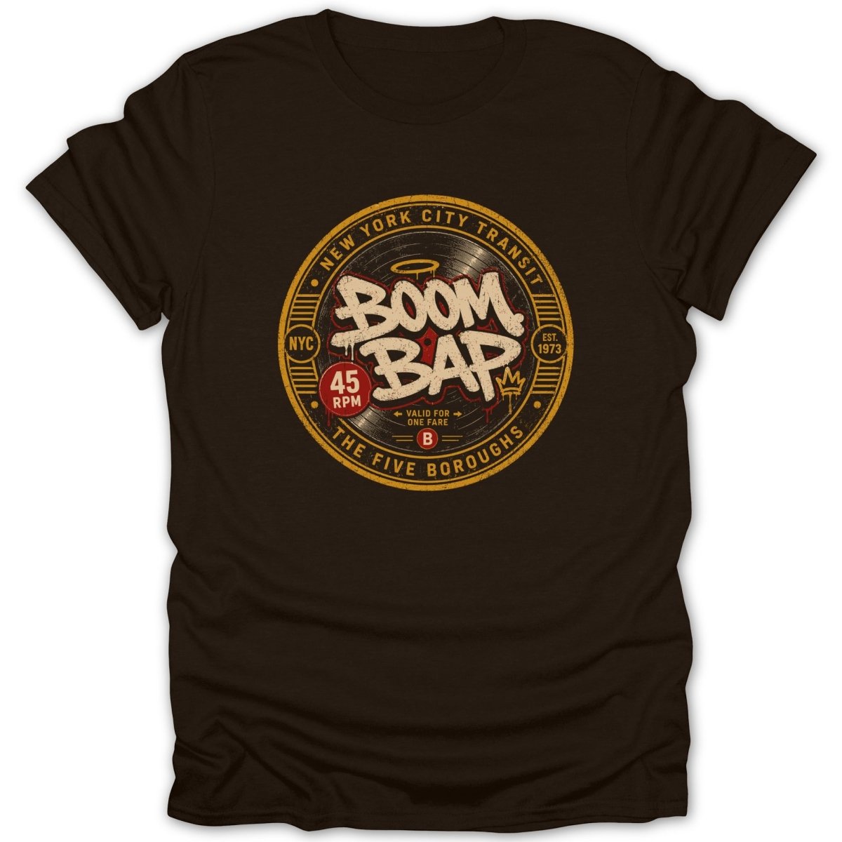Brown t-shirt with a circular design featuring "Boom Bap", "New York City Transit", and "The Five Boroughs".