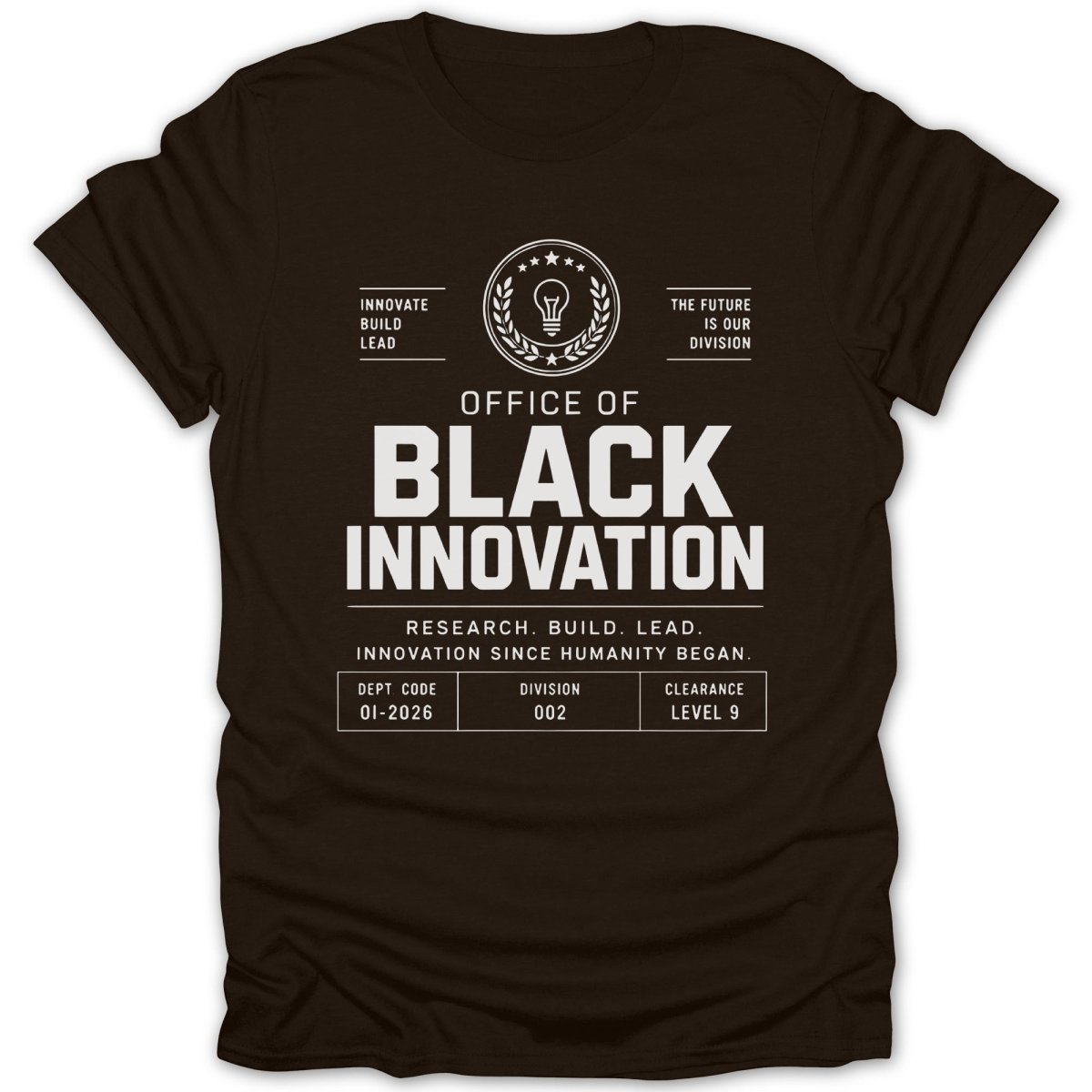 Dark brown t-shirt with "Office of Black Innovation" text and badge.