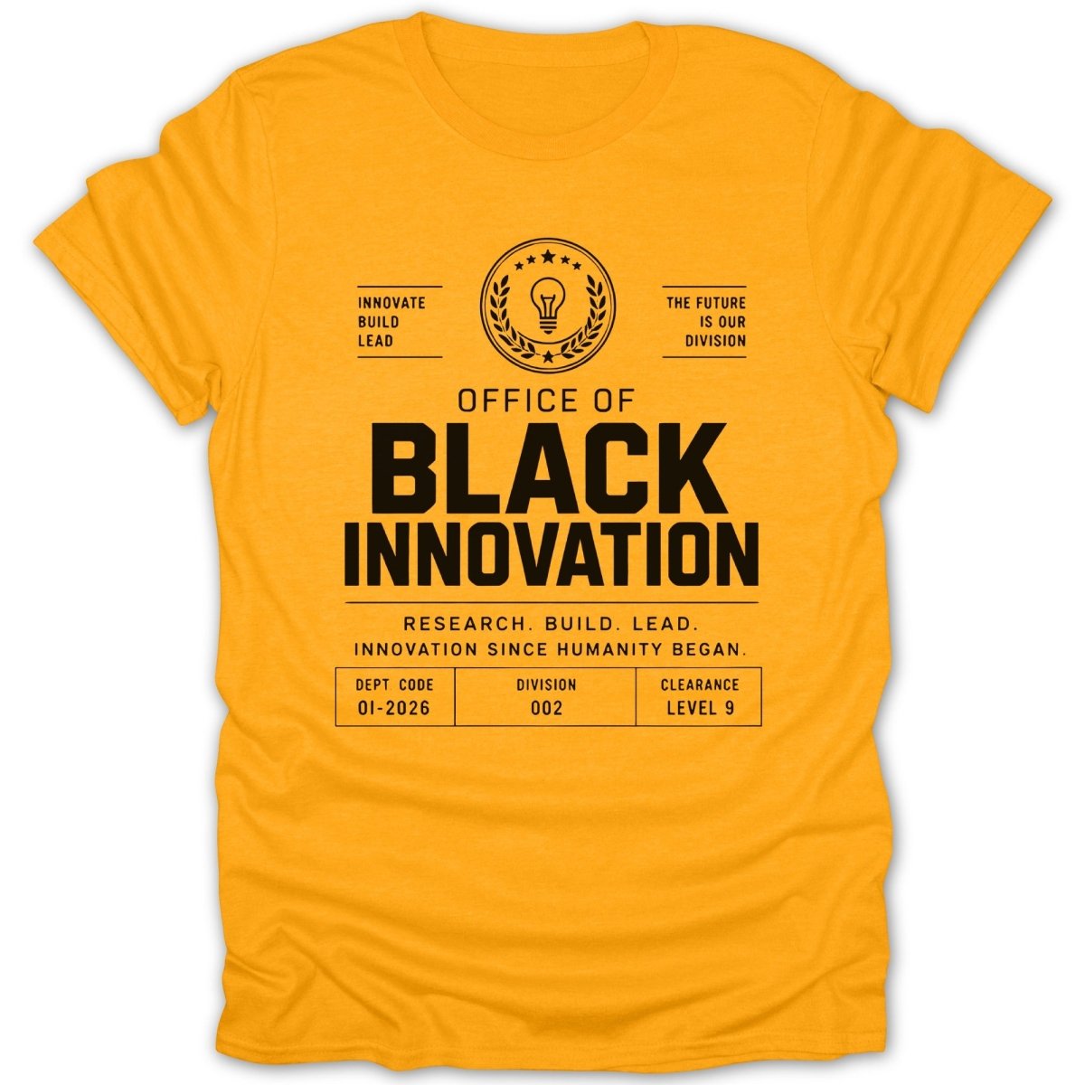 Yellow t-shirt with "Office of Black Innovation" text, lightbulb logo, and division details.
