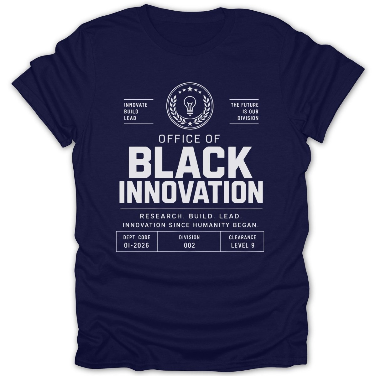 Navy t-shirt with "Office of Black Innovation" text and division details.