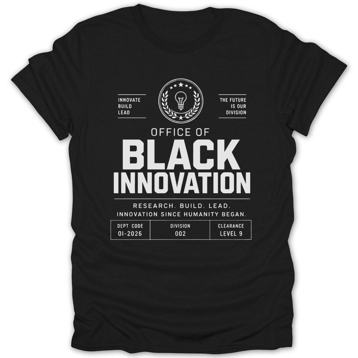Black t-shirt with "Office of Black Innovation" text, lightbulb emblem, and division codes.