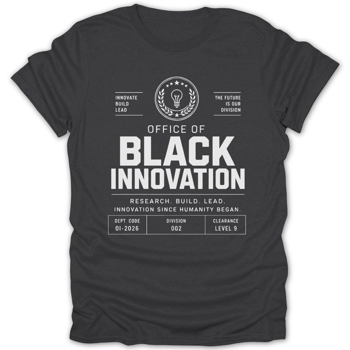 Dark gray t-shirt with "Office of Black Innovation" logo and text.