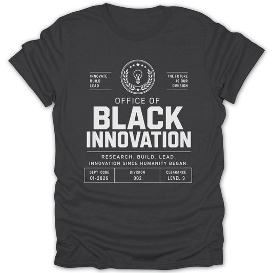 Dark gray t-shirt with "Office of Black Innovation" logo and text.