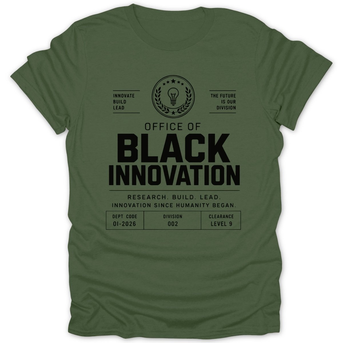 Olive green t-shirt with "OFFICE OF BLACK INNOVATION" and departmental codes.