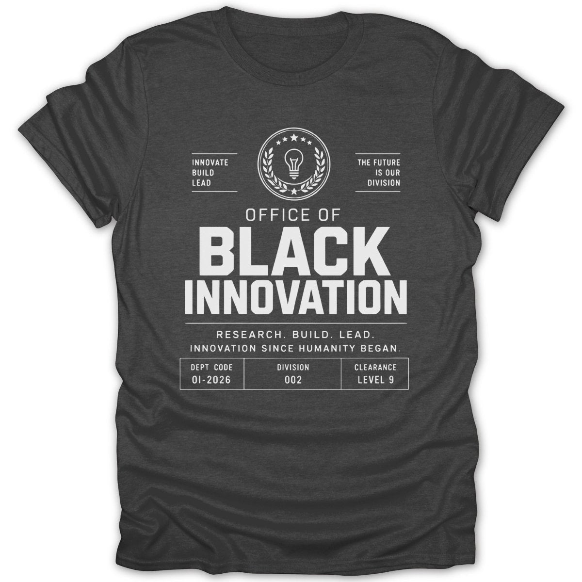 Dark grey t-shirt with "Office of Black Innovation" and departmental codes.