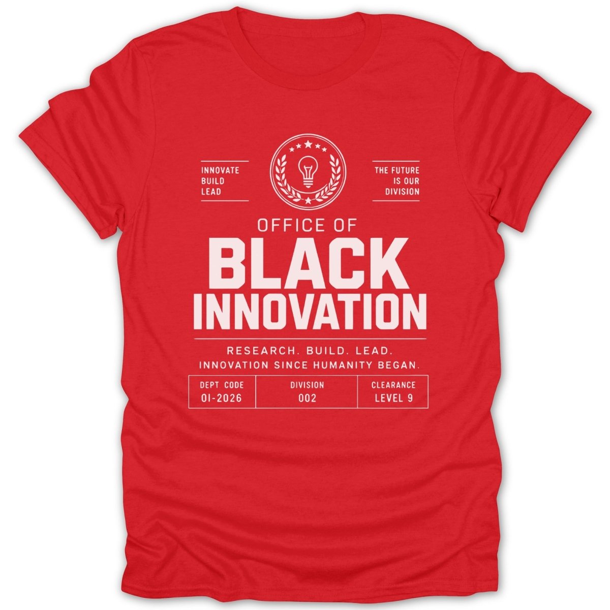 Red t-shirt with "Office of Black Innovation" and associated text.