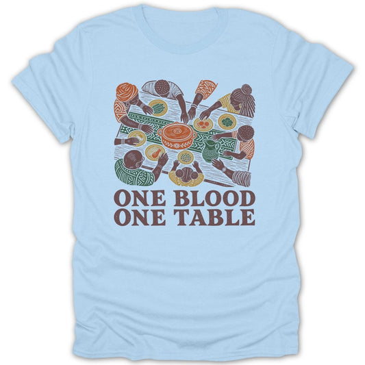 Illustration of people sharing a meal with text "ONE BLOOD ONE TABLE".