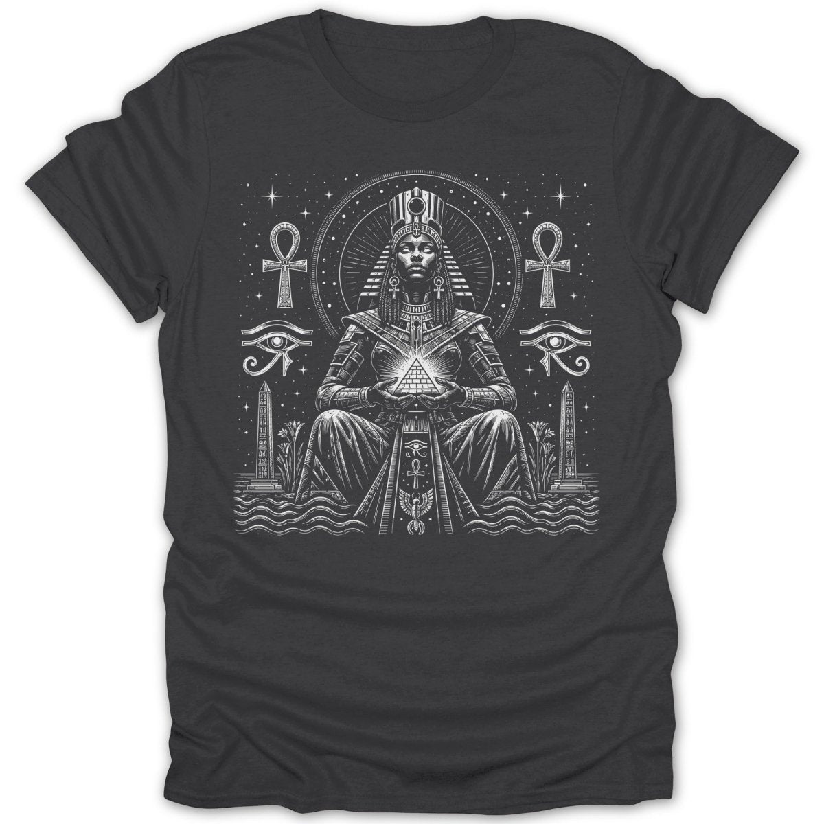 T-shirt featuring Egyptian goddess Isis holding pyramid, with ankhs and eyes of Horus.